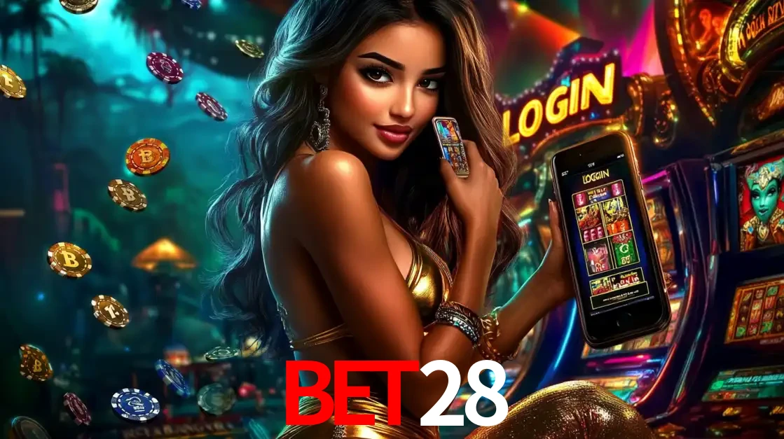 Mulher em um cenário de cassino temático de aventura, mostrando o app de caça-níqueis da bet28 no celular. Fichas de apostas flutuam ao redor.