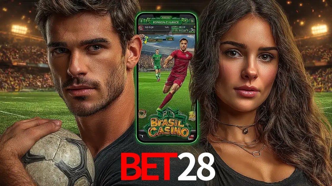 Homem segurando uma bola de futebol e uma mulher ao lado de um smartphone exibindo o jogo de apostas esportivas da bet28. Faça seu palpite no cassino online.